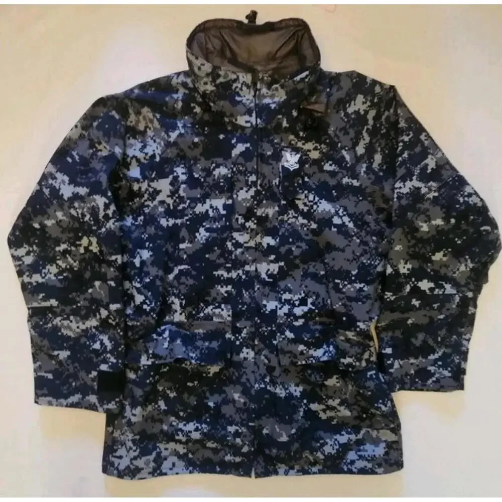 U S Navy Blue Camo GoreTex‎ Parka Jacket Mens Full Zip Hooded Size Medium Short